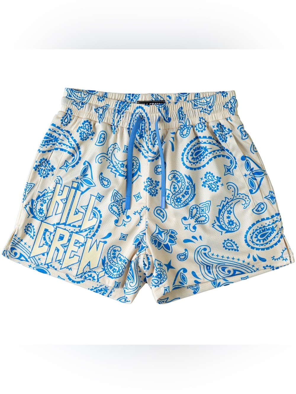 MUAY THAI SHORTS (MID THIGH CUT) BANDANA - CREAM / BLUE